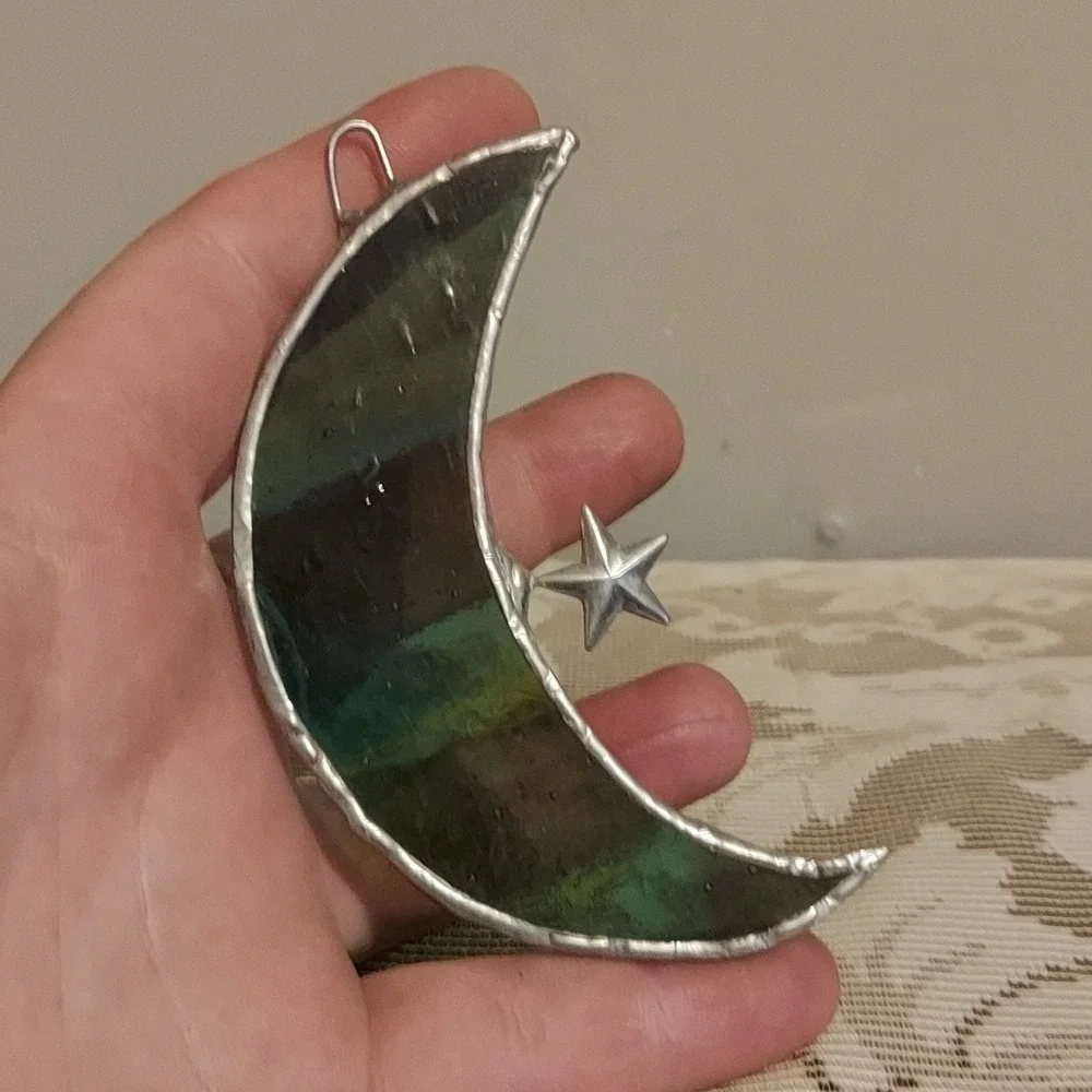 Handmade Stained Glass Crescent Moon Suncatcher Emerald Green Black Star 4x2in